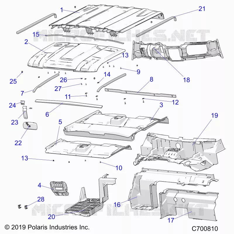 OPT, PREP ROOF, REAR CLOSE OFF, COVER, HAUBE LINER, FLOOR, AND DASH
